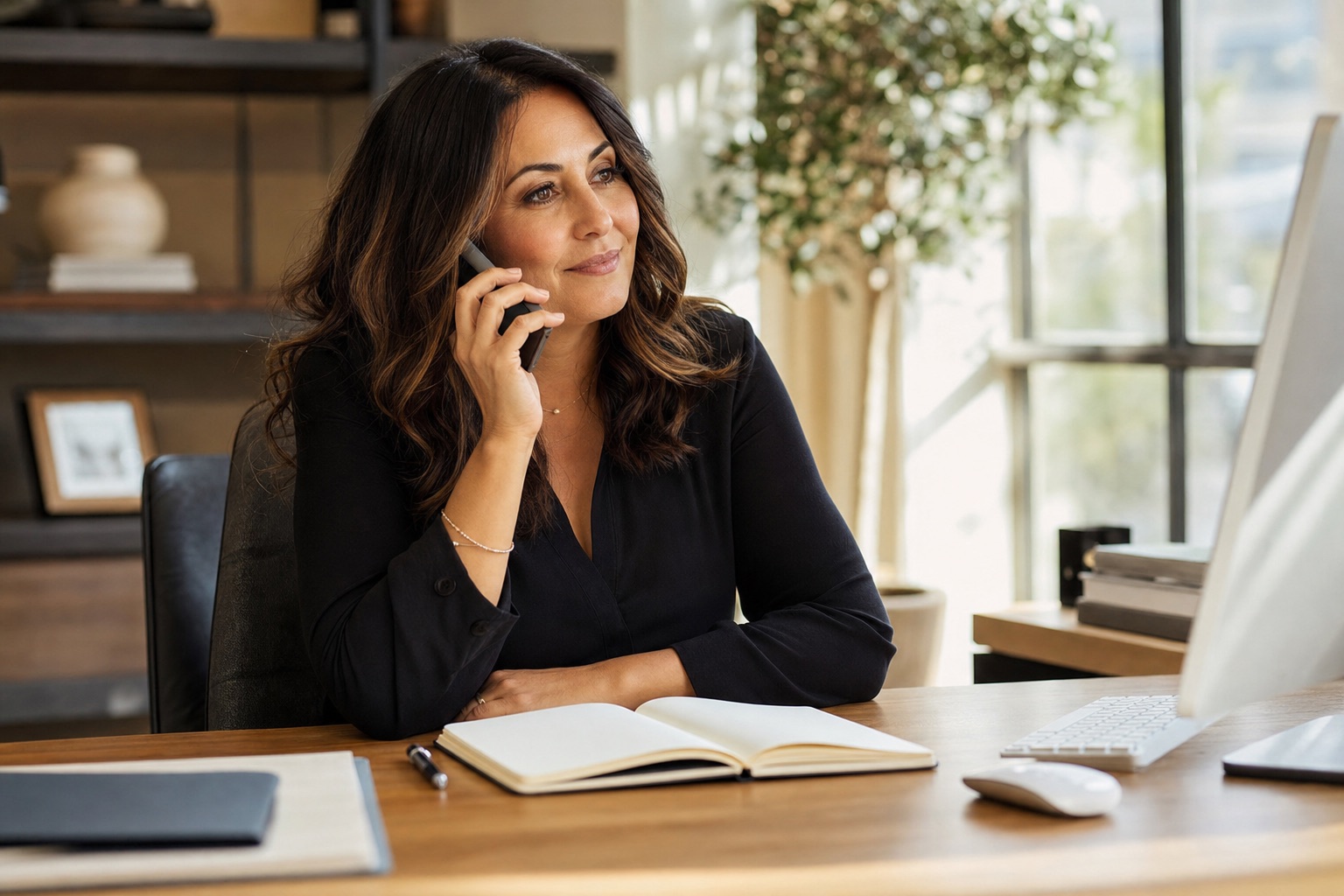 A broker at a tidy desk, relaxed on a call, with a single phone showing one client’s notes.