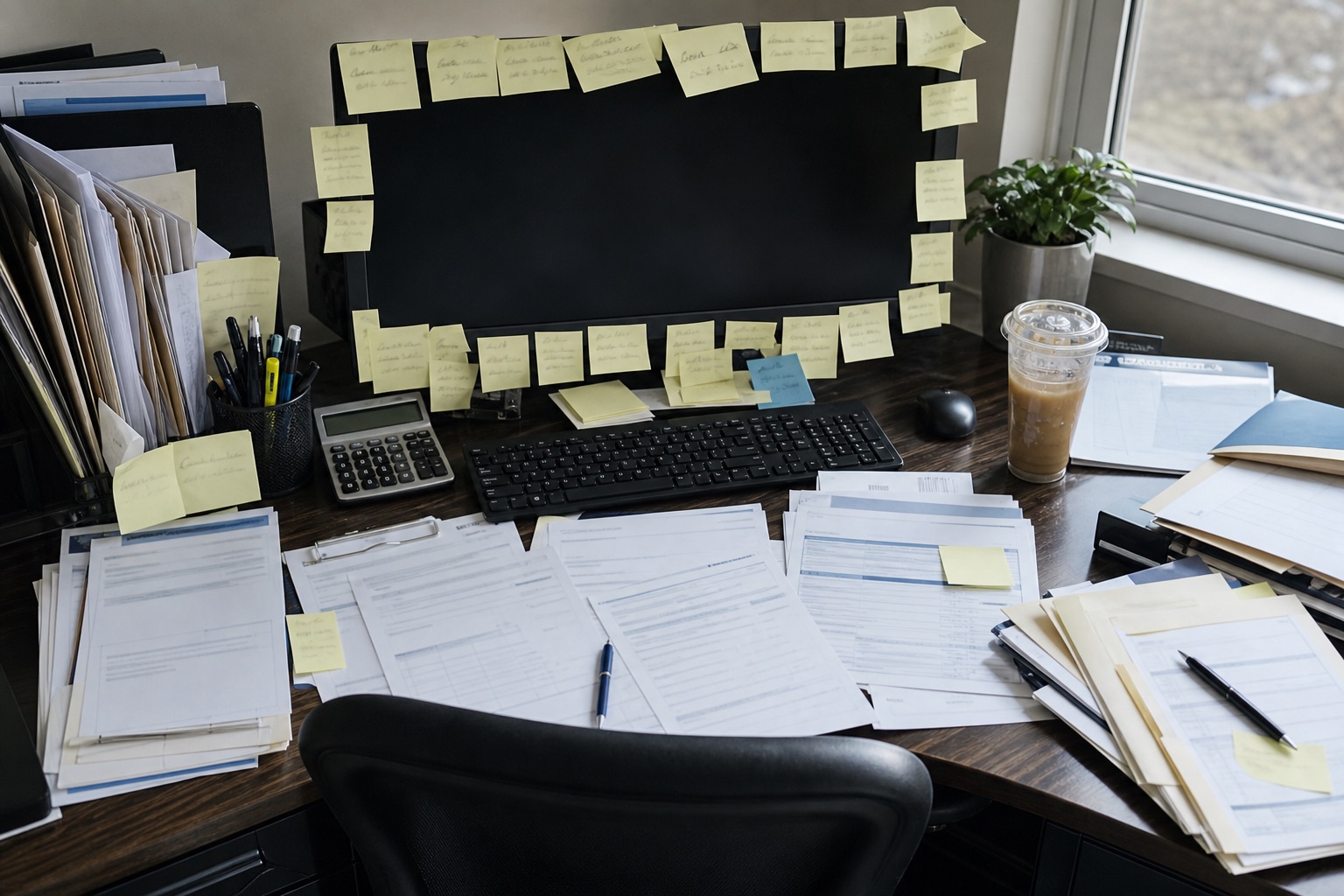 A broker’s desk at the end of the day: sticky notes on the monitor, a legal pad of half-crossed-out names, and a phone full of unanswered threads.